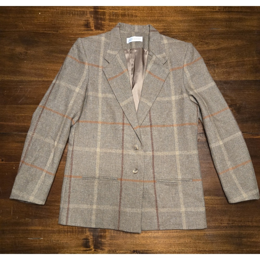 VTG Jack Winter Womens Plaid Blazer Wool Blend Sz 12 Windowpane Tweed‎ Brown USA